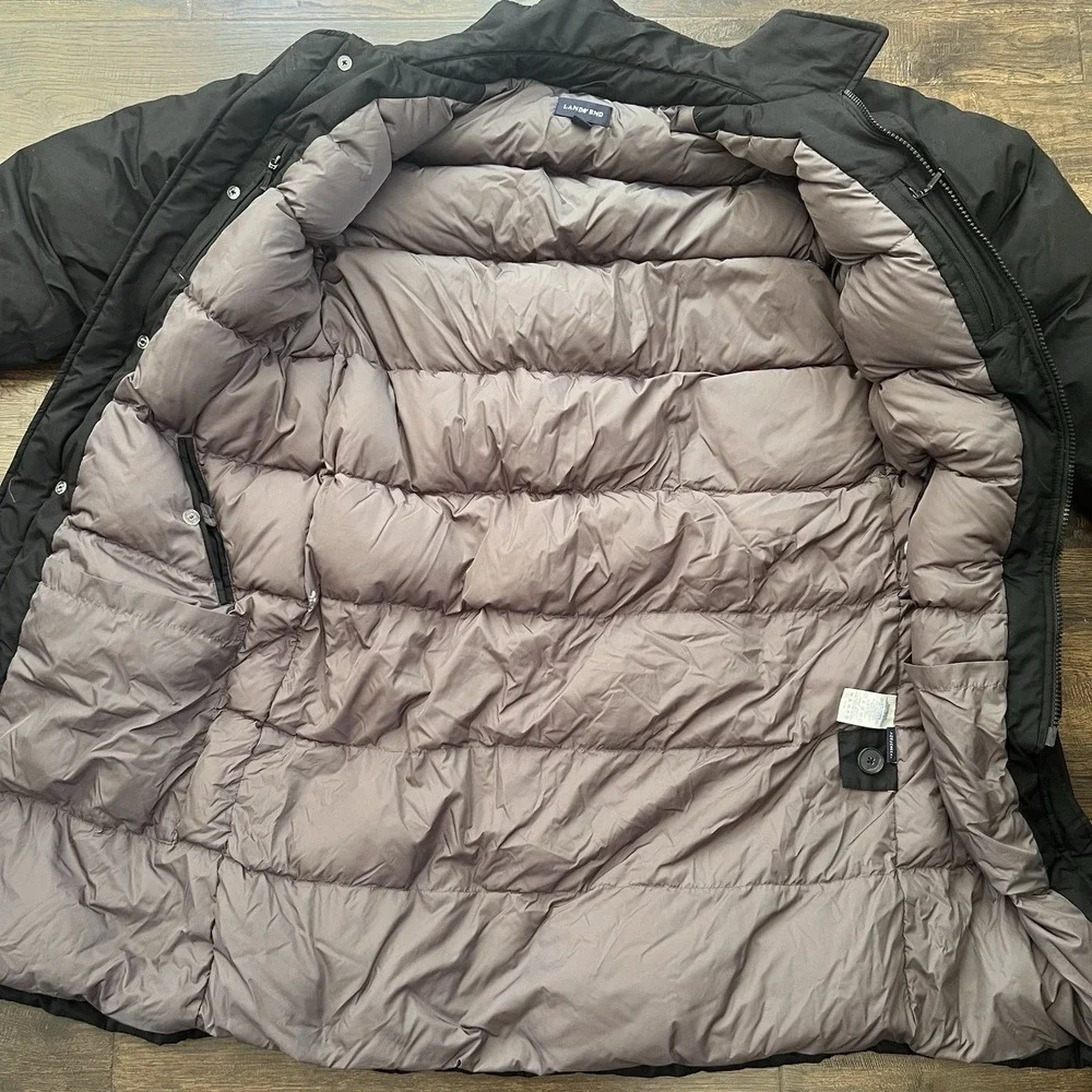 Lands End Long Down Winter Puffer Coat Womens AquaCheck‎ Black Med Zip-Up Parka